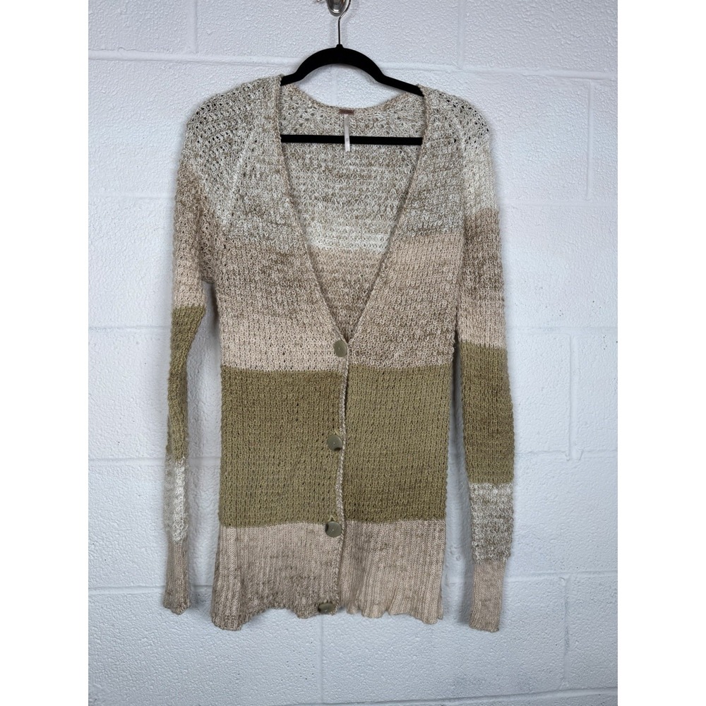 Free People Size XS Colorblock Open Knit Long Cardigan Mohair Blend Boho Sweater